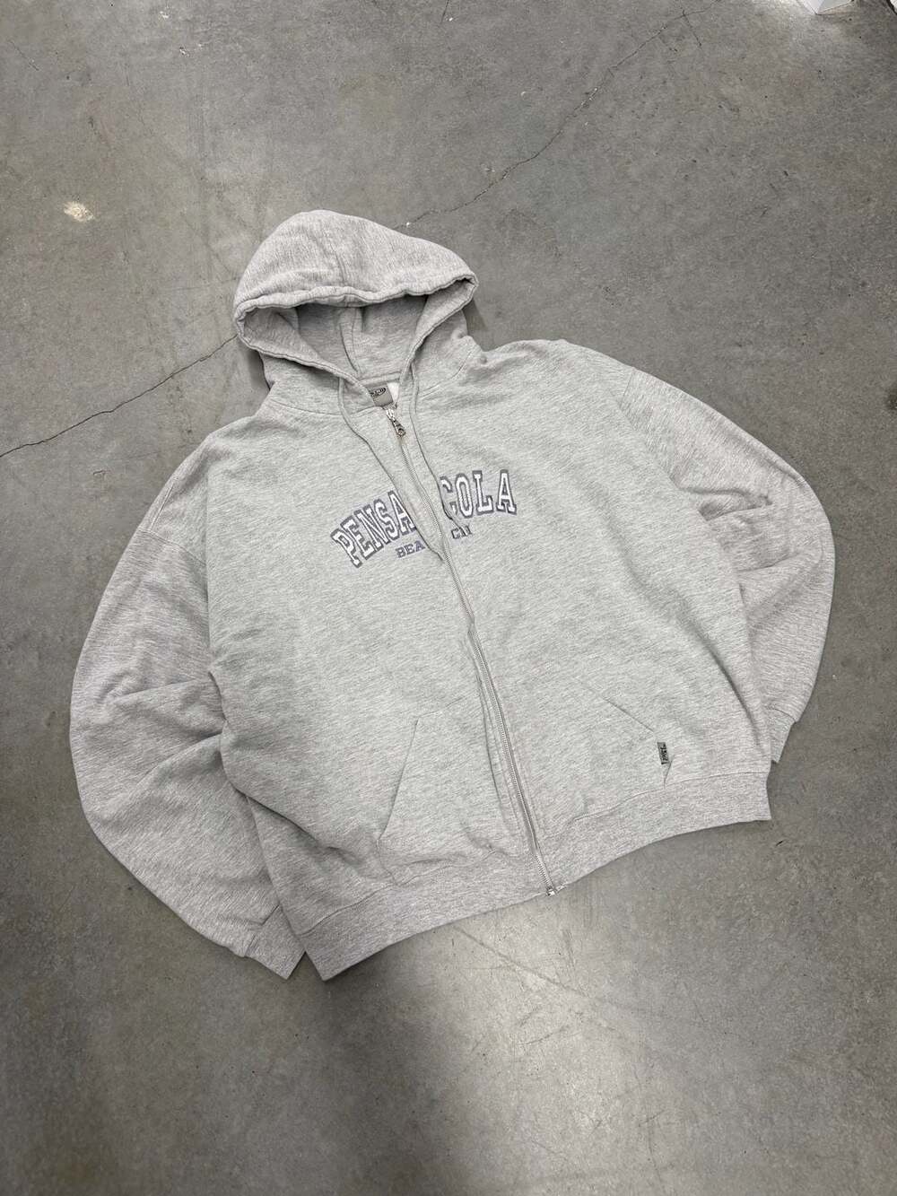 Vintage Y2K Oversized Boxy Pensacola Beach Grey Zip-Up Hoodie Sweatshirt Size 2X